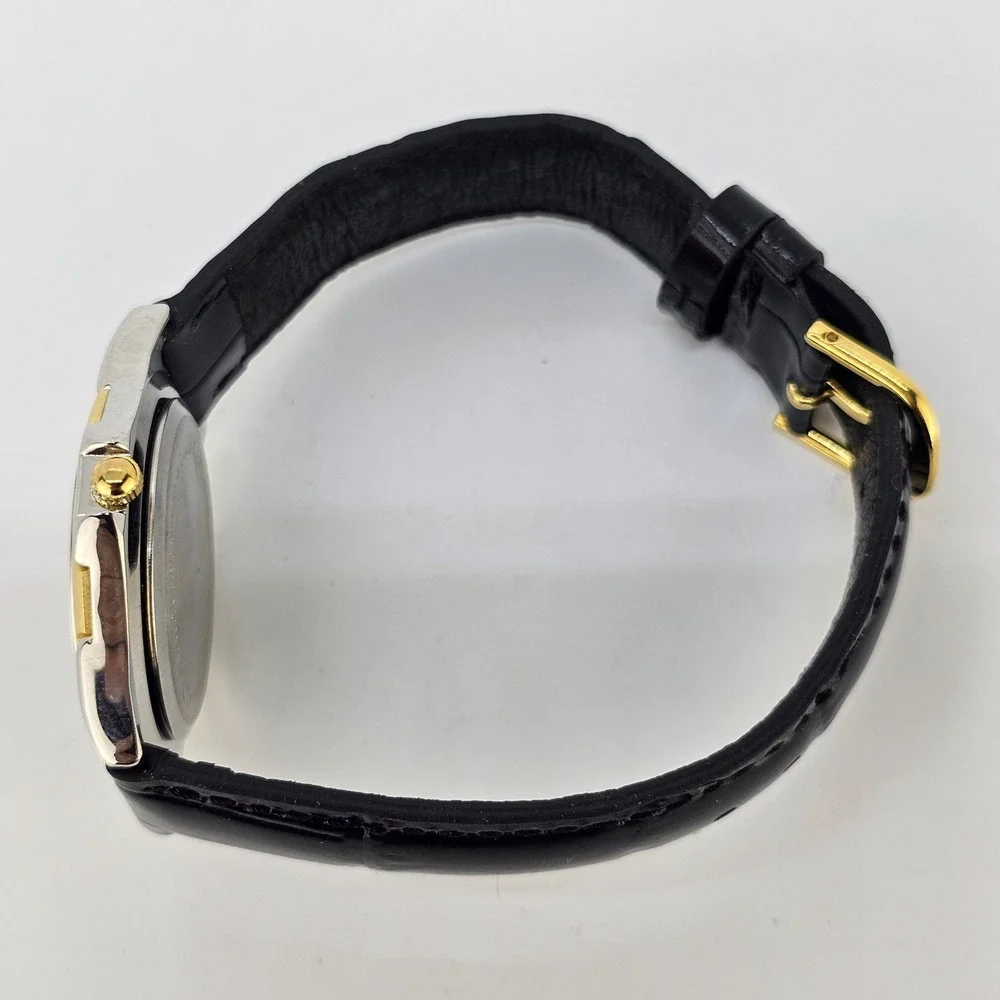 Men's Analog Dress Watch 37MM Light Gold Dial Black Leather Bands New Battery